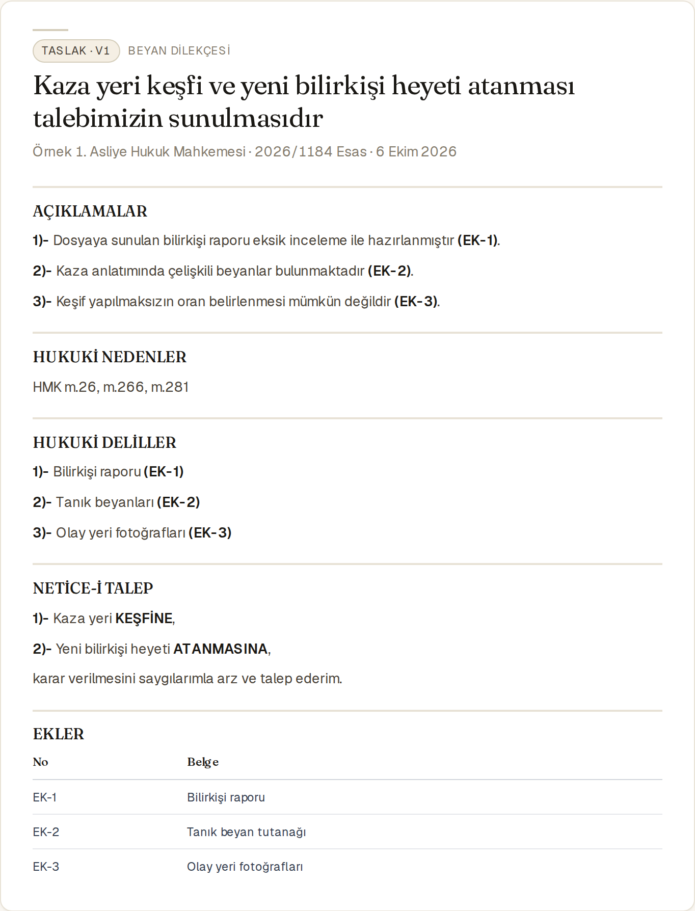 Örnek bir beyan dilekçesi taslağı: kaza yeri keşfi ve yeni bilirkişi heyeti talebi, Örnek 1. Asliye Hukuk Mahkemesi, 2026/1184 Esas. Açıklamalar ve deliller EK-1, EK-2, EK-3 olarak metne bağlı. Altta ekler tablosu. Bütün veriler örnektir.